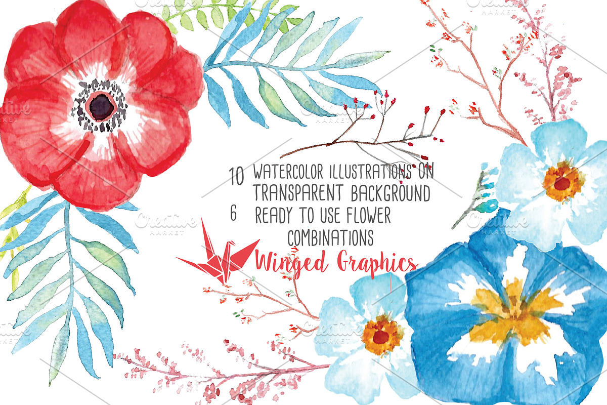Red and Blue watercolor flowers in Illustrations - product preview 8