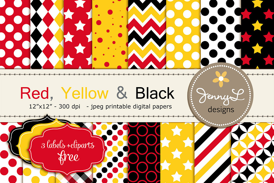 Red Yellow Black Digital Papers in Patterns - product preview 8