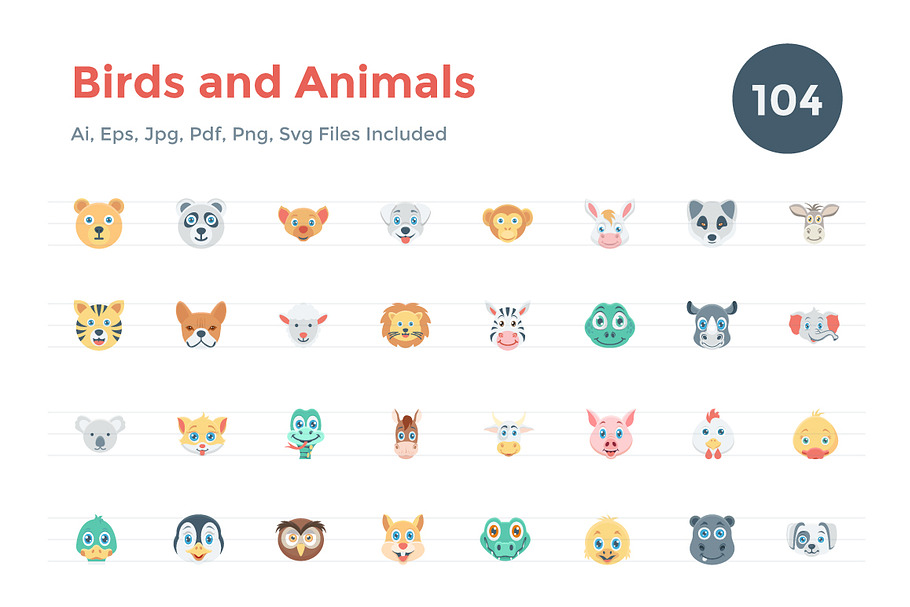 104 Flat Birds and Animals Icons