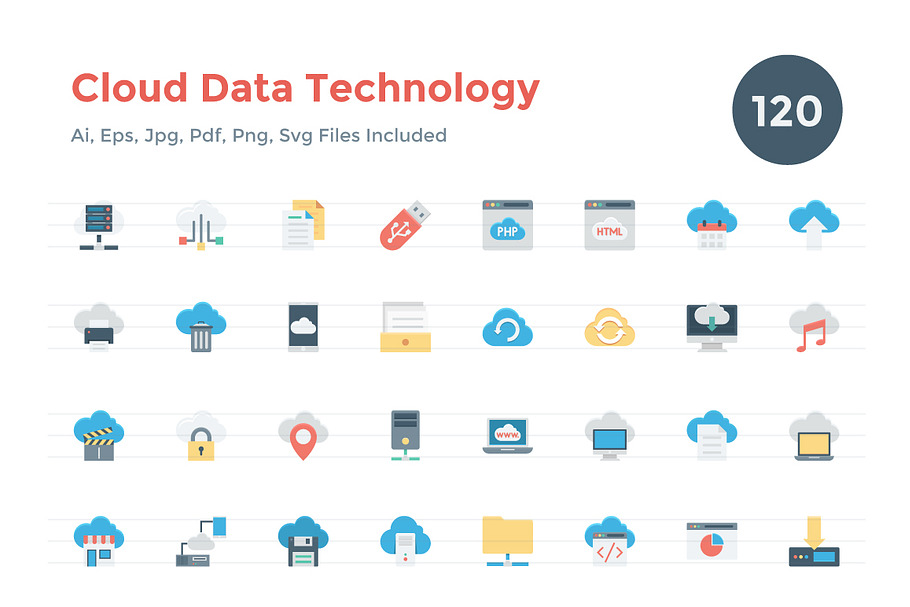 120 Flat Cloud Data Technology Icons