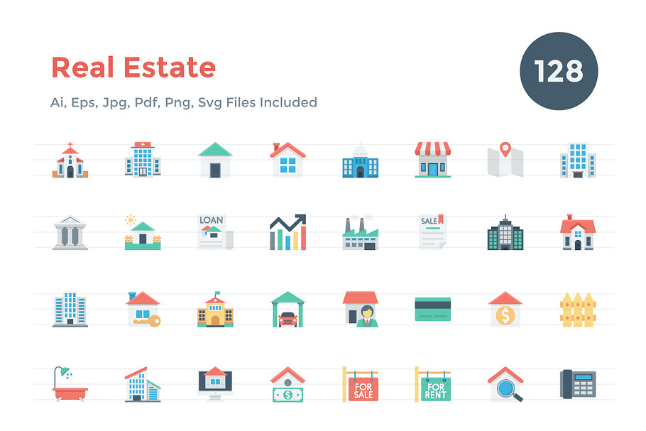 128 Flat Real Estate Icons in Flat Icons - product preview 8