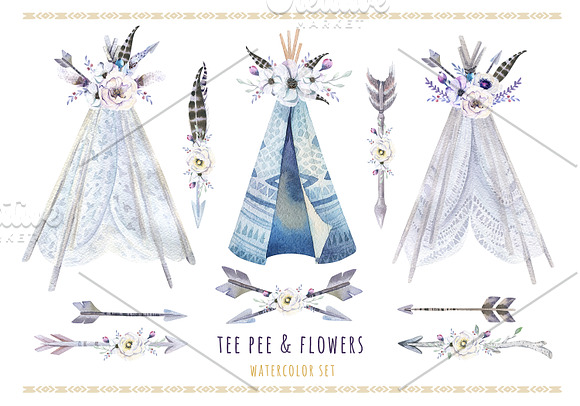 Watercolor bohemian teepee & pattern in Illustrations - product preview 1