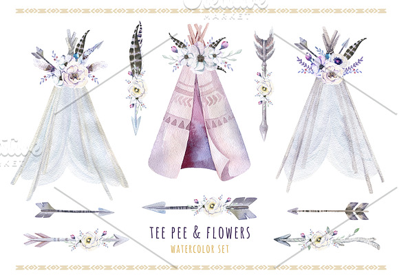 Watercolor bohemian teepee & pattern in Illustrations - product preview 2