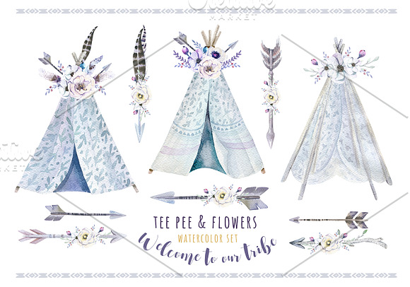 Watercolor bohemian teepee & pattern in Illustrations - product preview 3