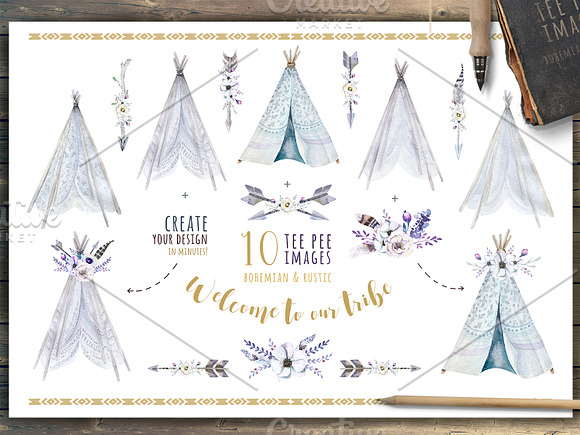 Watercolor bohemian teepee & pattern in Illustrations - product preview 4
