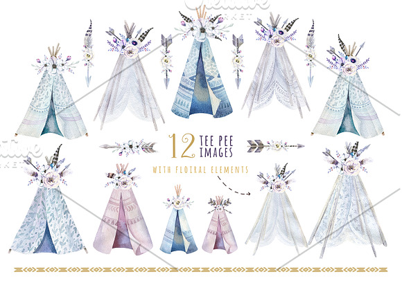 Watercolor bohemian teepee & pattern in Illustrations - product preview 5