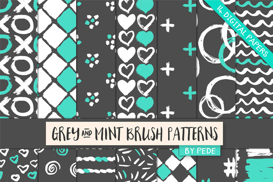 Grey and mint brush patterns in Patterns - product preview 8