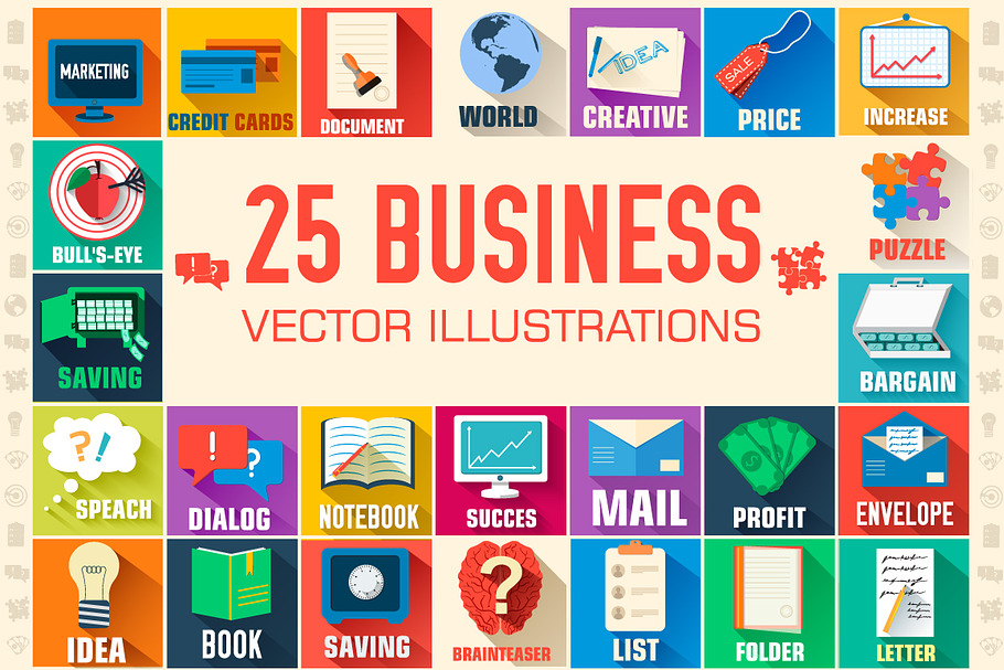 business icons on flat with title