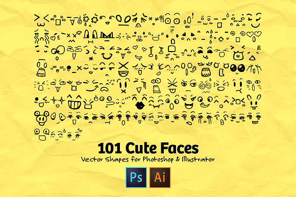 101 Hand Drawn Cute Faces in Photoshop Shapes - product preview 1