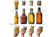 Set alcohol drink bottle,glass, hand