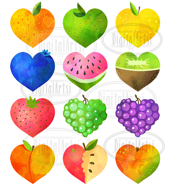 Watercolor Fruit Hearts Clipart in Illustrations - product preview 1