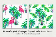 Watercolor flamingos,palms patterns