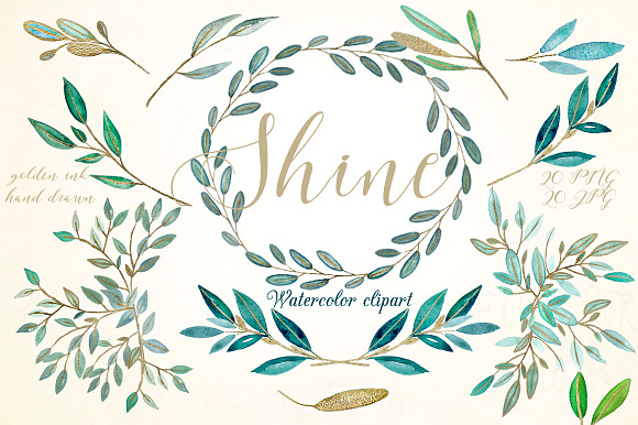 Shine gold leaves Watercolor clipart in Illustrations - product preview 1