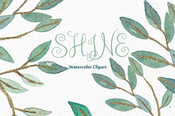 Shine gold leaves Watercolor clipart in Illustrations - product preview 4