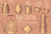 Set Tea & Coffee. Vector engraving.