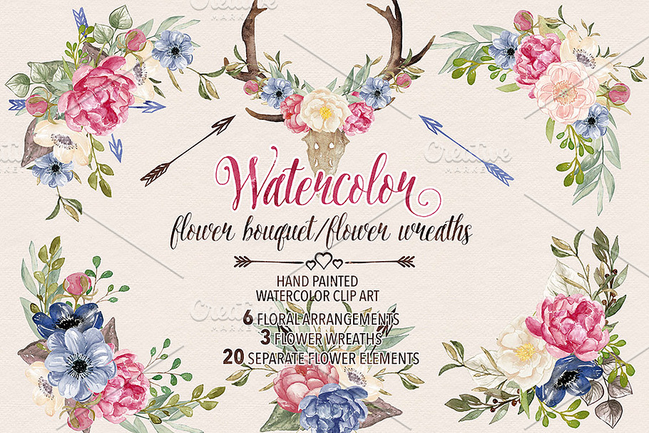 Watercolor flower wreaths/bouquets in Illustrations - product preview 8