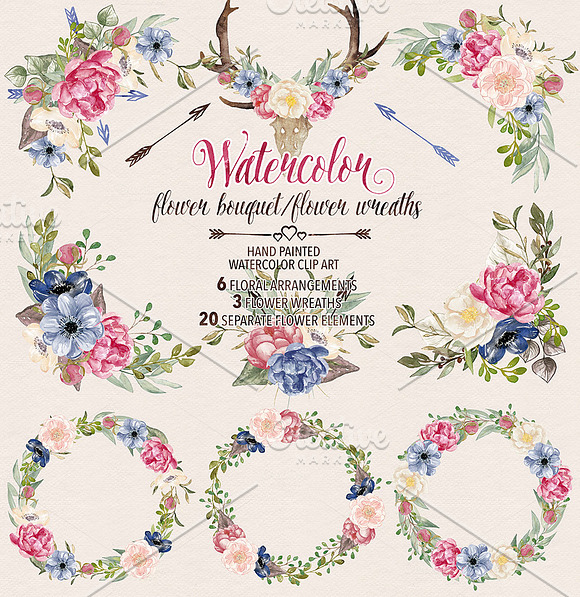 Watercolor Peonies wreaths/bouquets in Illustrations - product preview 1