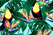 Toucans, jungle leaves pattern