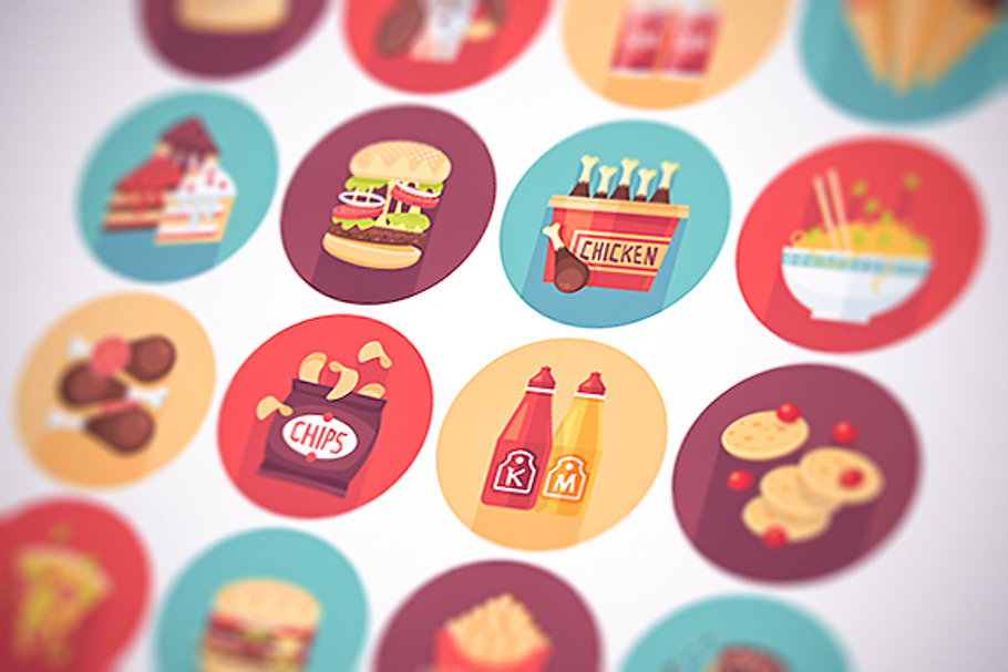 Fast food, snack flat icons set