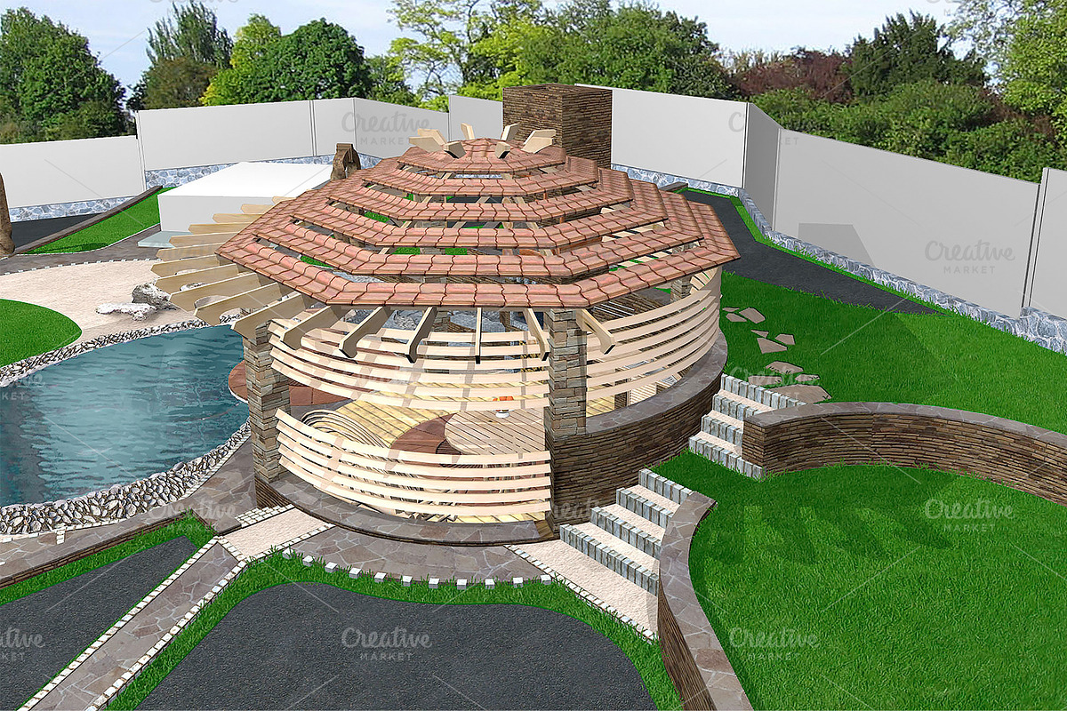 Gazebo exterior aerial, 3d rendering in Illustrations - product preview 8