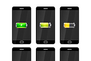Six smartphones with batteries icons