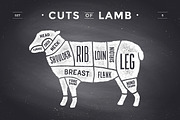 Cut of meat set, chalkboard. Lamb
