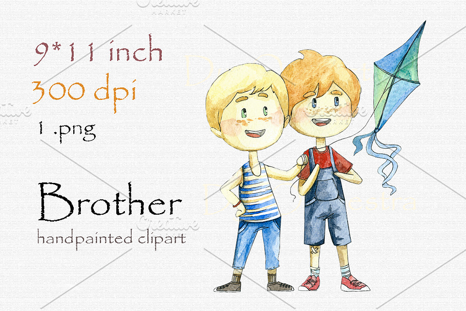 Digital clipart, cute brothers