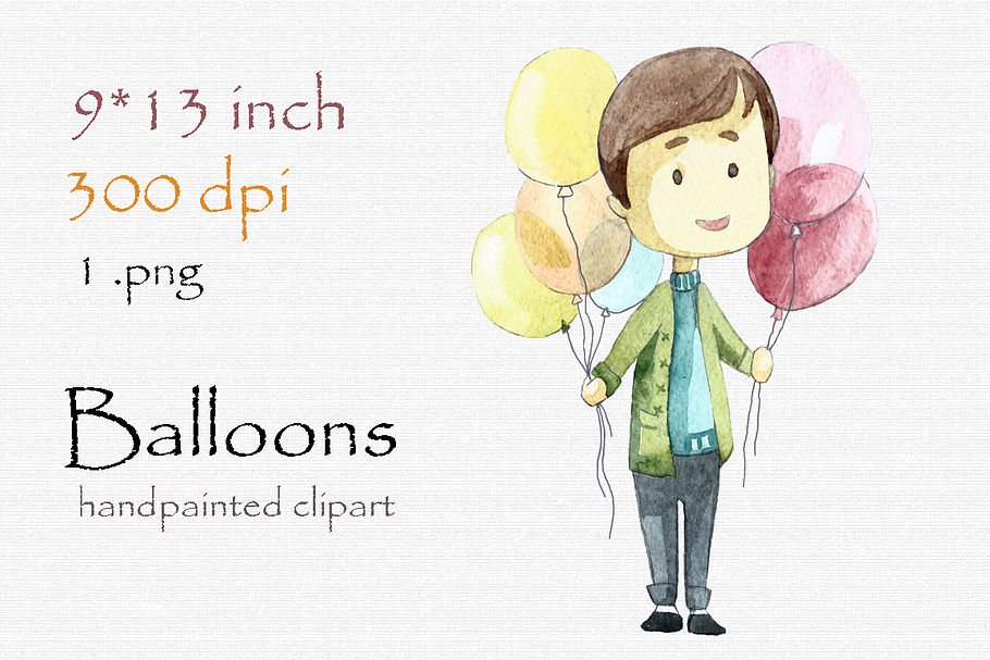 Digital clipart, boy with balloons