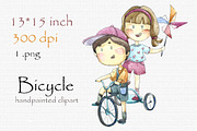 Digital clipart, kids with bicycle