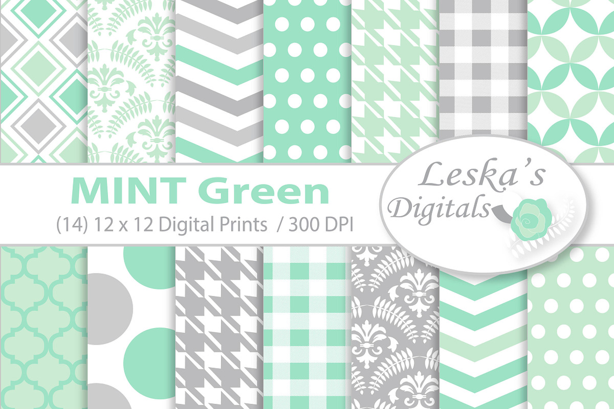 Mint and Grey Digital Paper in Patterns - product preview 8