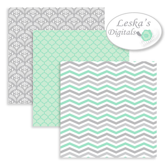 Mint and Grey Digital Paper in Patterns - product preview 1