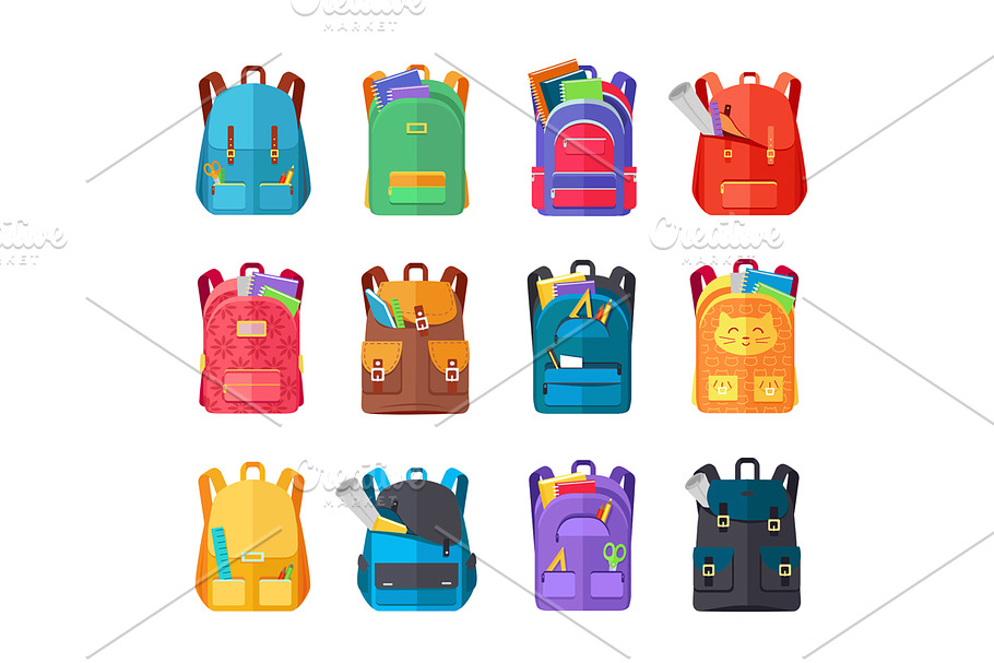 Colored School Backpacks Set in Objects - product preview 8