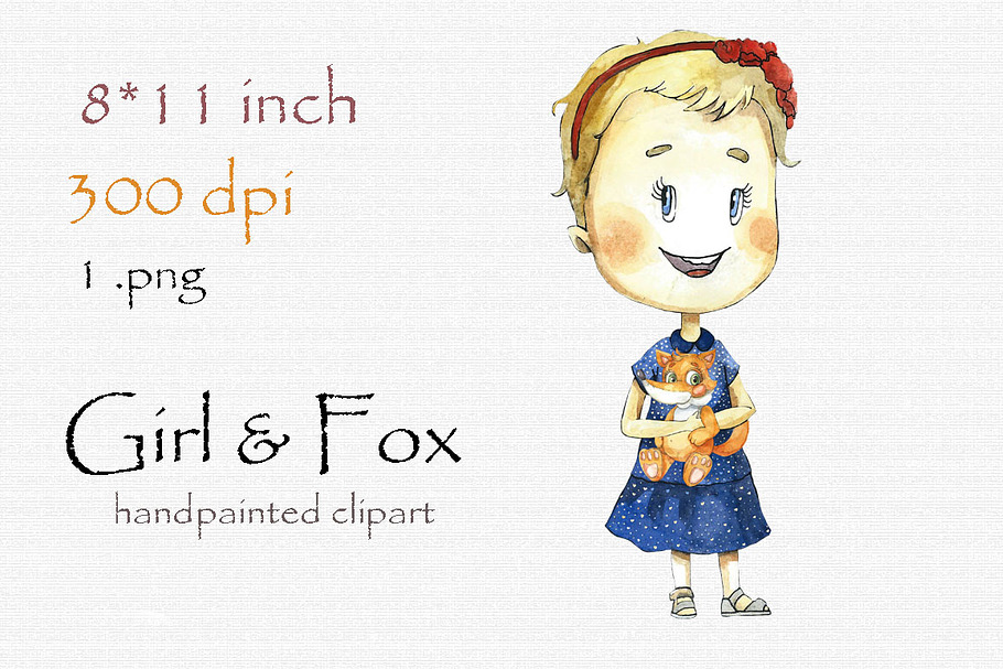 Digital clipart, girl and fox in Illustrations - product preview 8