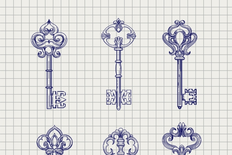 Set of sketch ornamental keys