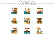 Bungalows and cafe flat icons. Set 4