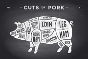 Cut of meat set, chalkboard. Pork