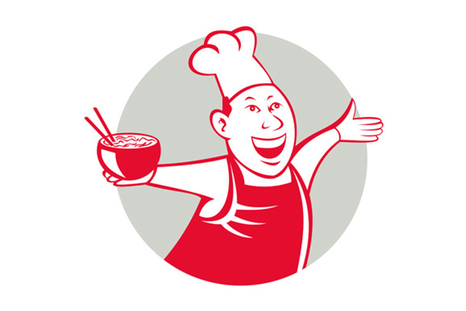 Asian Chef Serving Noodle Bowl