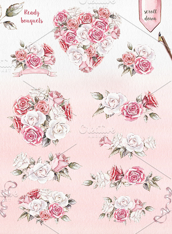 Vintage roses watercolor set in Graphics - product preview 2