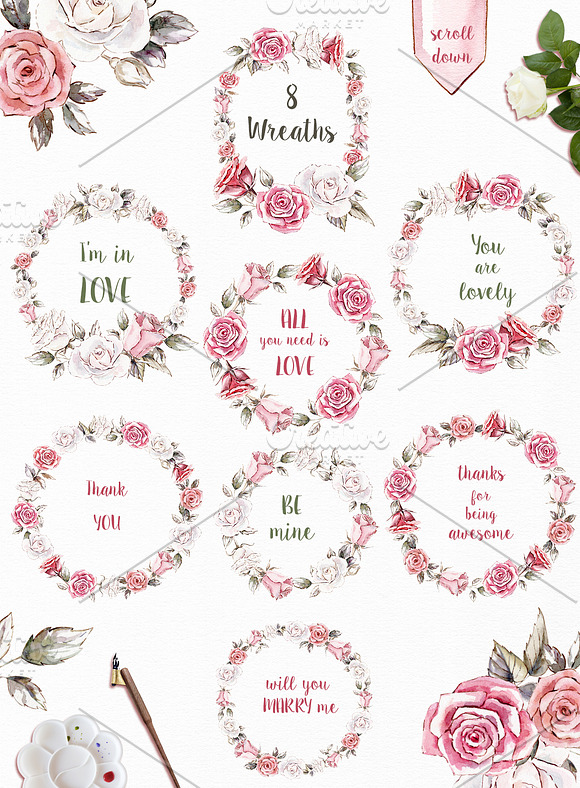 Vintage roses watercolor set in Graphics - product preview 5