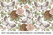 Set Seamless Butterfly Flowers Rose