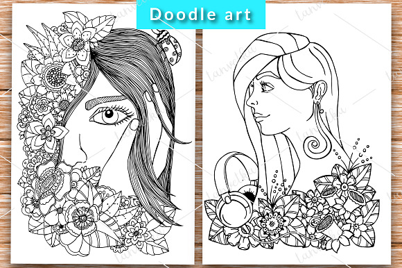 5 Doodle set girl with flowers in Illustrations - product preview 2