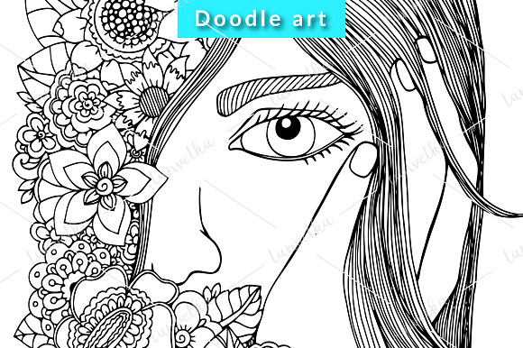 5 Doodle set girl with flowers in Illustrations - product preview 5