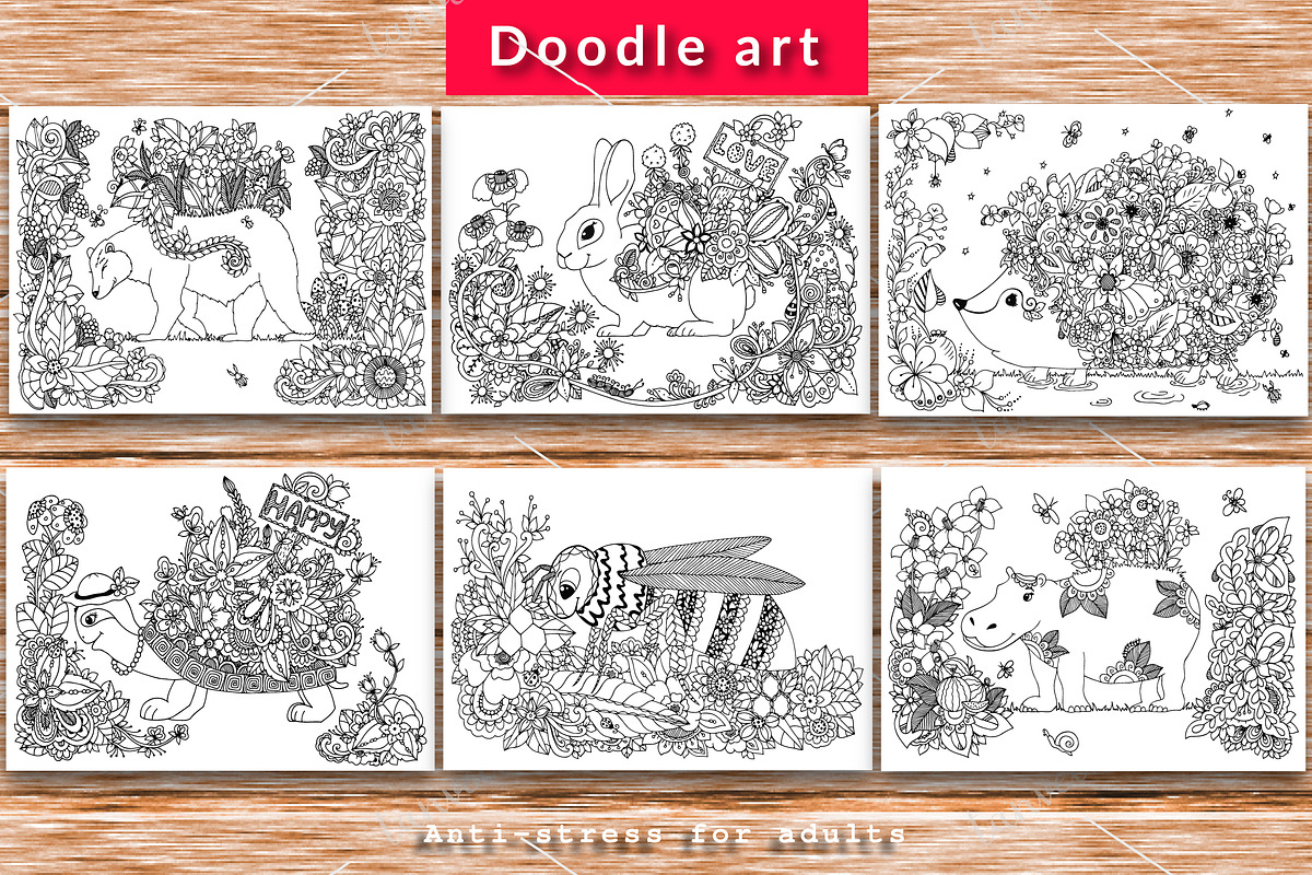 6 Set doodle animals and flowers in Illustrations - product preview 8