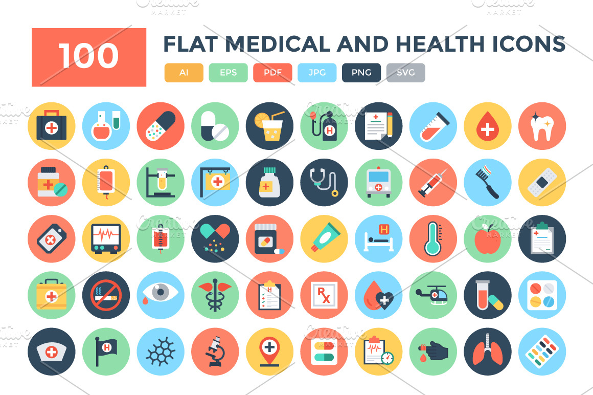 Download 100 Flat Medical And Health Icons Creative Daddy PSD Mockup Templates