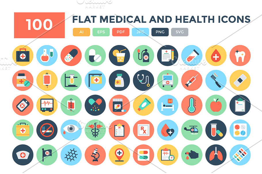 100 Flat Medical and Health Icons 