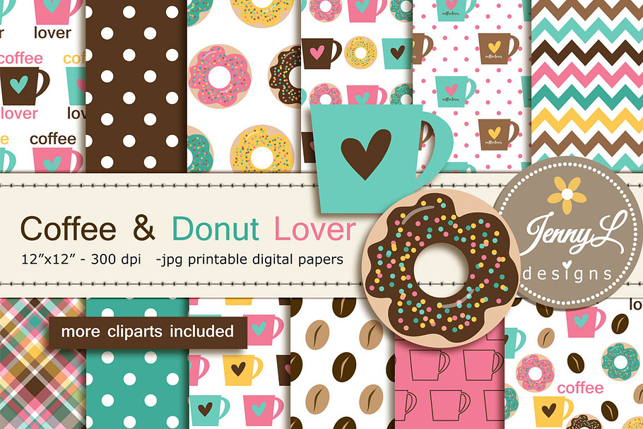 Coffee Donut Digital Papers Clipart in Patterns - product preview 8