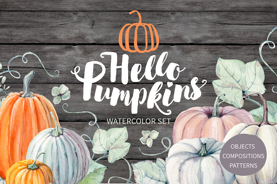 Hello Pumpkins watercolor set in Illustrations - product preview 8