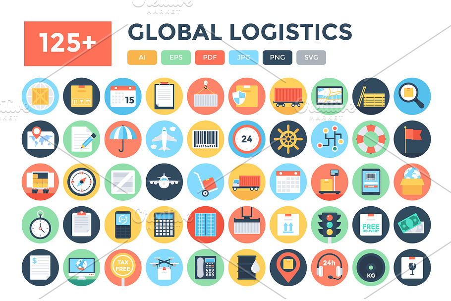 125+ Flat Global Logistics Icons 