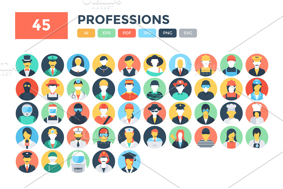 45 Flat Professions Vector Icons 