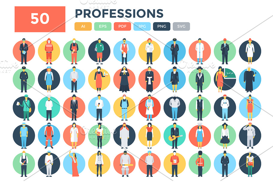 50 Flat Professions Vector Icons 